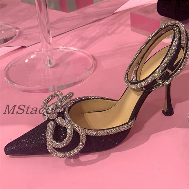 Glitter Rhinestones Women Pumps Crystal Bowknot Satin Sandals 2023 Summer Transparent Shoes High Heels Party Prom Designer Shoes DailyAlertDeals Black sequins 35