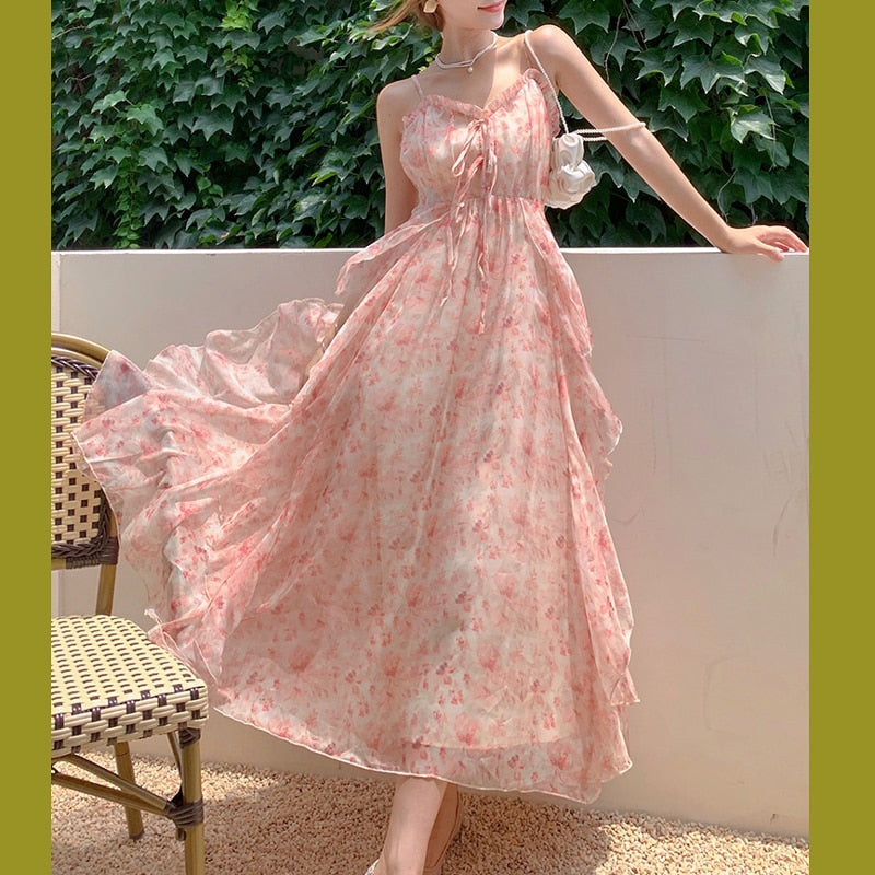 Elegant Chiffon Print Dress Women Retro Sexy Sweet Fit Chic Spaghetti Strap Lace-up Corset Dress Holiday Beach Summer Dress 2022 0 DailyAlertDeals