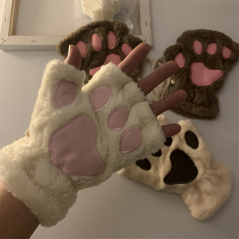 Fashion Girls Lovely Cat Claw Paw Plush Mittens Warm Soft Plush Short Fingerless women Leisure Bear Cat Gloves Half Finger Gifts Paws Gloves DailyAlertDeals