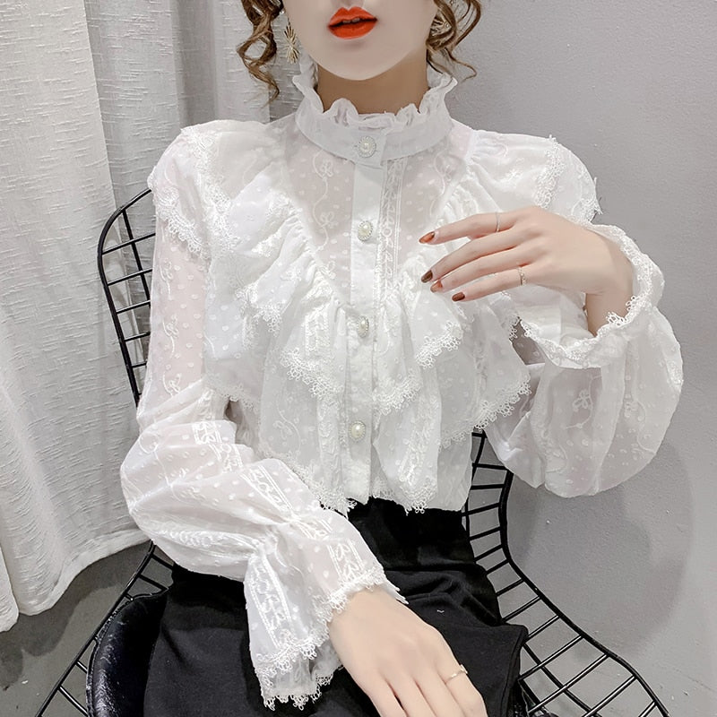 Korean Style Stand Collar Pleated Tops Fashion Ruffle Stitching Elegant Lace Blouse Long Sleeve Loose Chiffon Shirt Blusas 15832 0 DailyAlertDeals White S