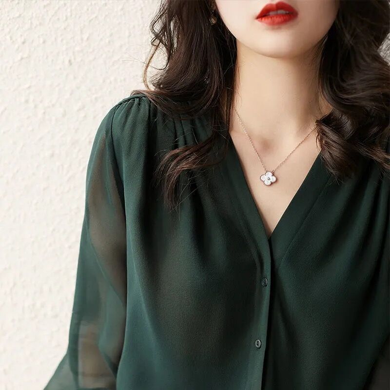 Elegant Summer Gauze Long Sleeve Solid Color Button V-neck Blouses Straight Loose Chiffon Thin Comfortable Women's Clothing 2022 0 DailyAlertDeals