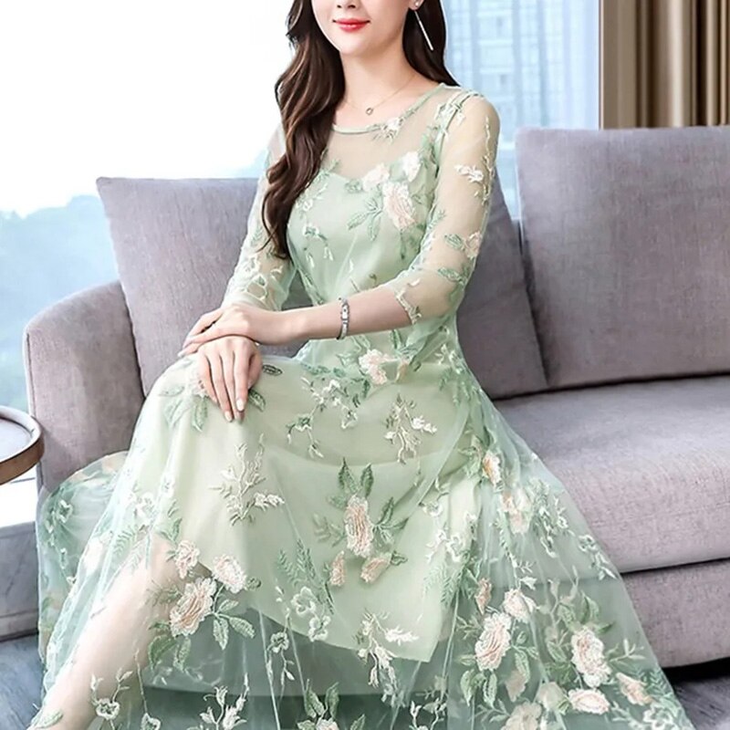 Autumn elegant women's dress women's casual trumpet sleeve office Chiffon embroidered dress a-word retro sweet clothes 0 DailyAlertDeals