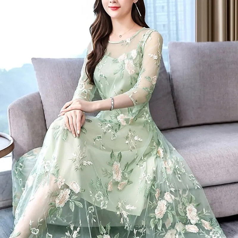 Autumn elegant women's dress women's casual trumpet sleeve office Chiffon embroidered dress a-word retro sweet clothes 0 DailyAlertDeals