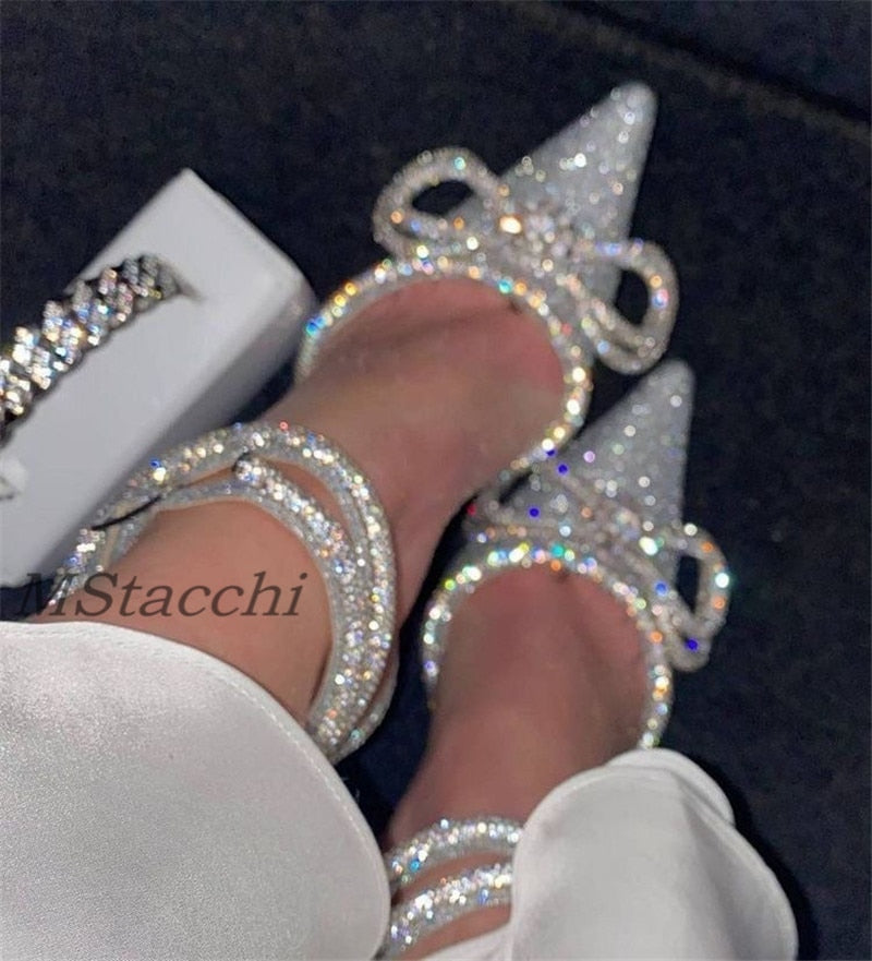 Glitter Rhinestones Women Pumps Crystal Bowknot Satin Sandals 2023 Summer Transparent Shoes High Heels Party Prom Designer Shoes DailyAlertDeals