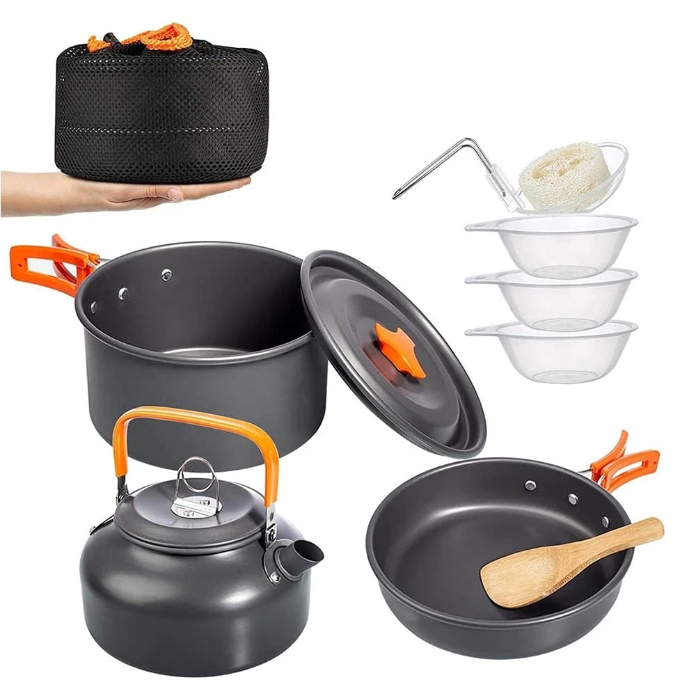 Camping Cookware Kit Outdoor Aluminum Cooking Set Water Kettle Pan Pot Travelling Hiking Picnic BBQ Tableware Equipment Camping Cookware Kit Outdoor Aluminum Cooking Set DailyAlertDeals