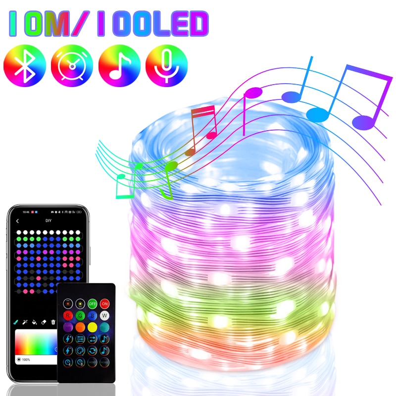 Fairy Lights RGB Smart Bluetooth Control USB LED String Lamp Outdoor App Remote Control Home Corridor Garland Lights Decoration Party Lights For Wedding Xmas DailyAlertDeals 10M 100LEDs China
