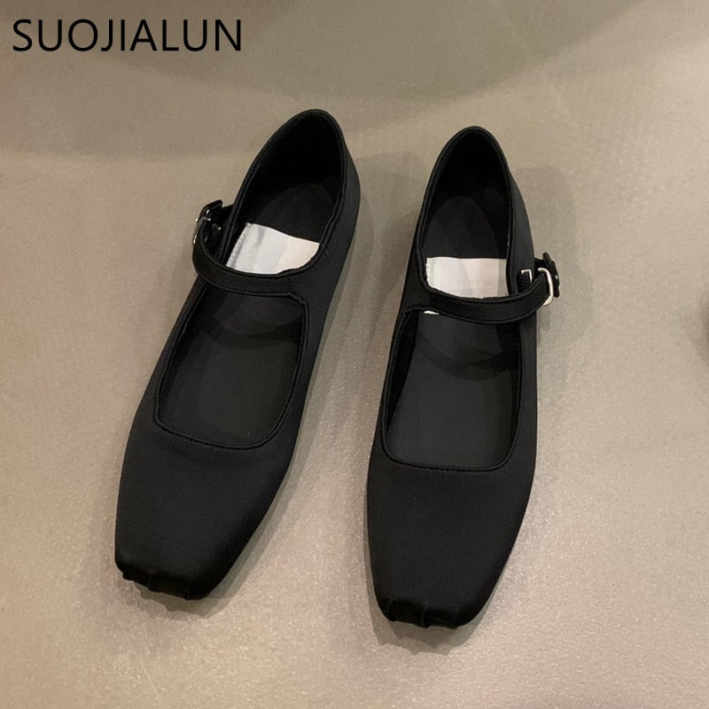 SUOJIALUN 2023 Spring New Women Flat Shoes Fashion Silk Square Toe Shallow Ladies Ballet Shoes Soft Casual Flat Mary Jane Shoes 0 DailyAlertDeals