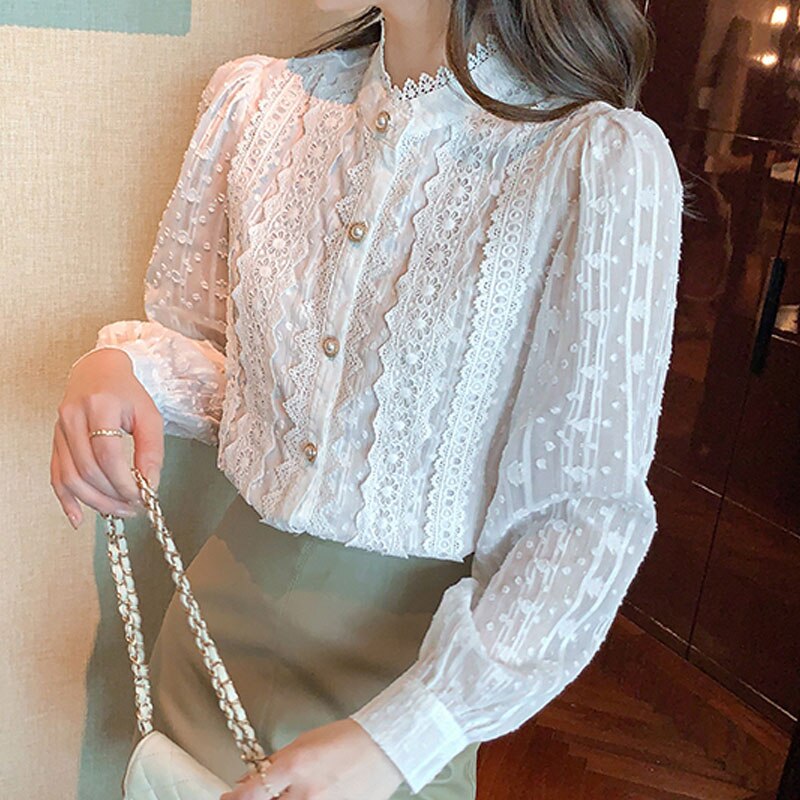 Lace White Blouse Women Shirt Vintage Long Sleeve Blouse Women Blusas Mujer De Moda 2022 Stand Collar Elegant Blouses Tops 19641 0 DailyAlertDeals