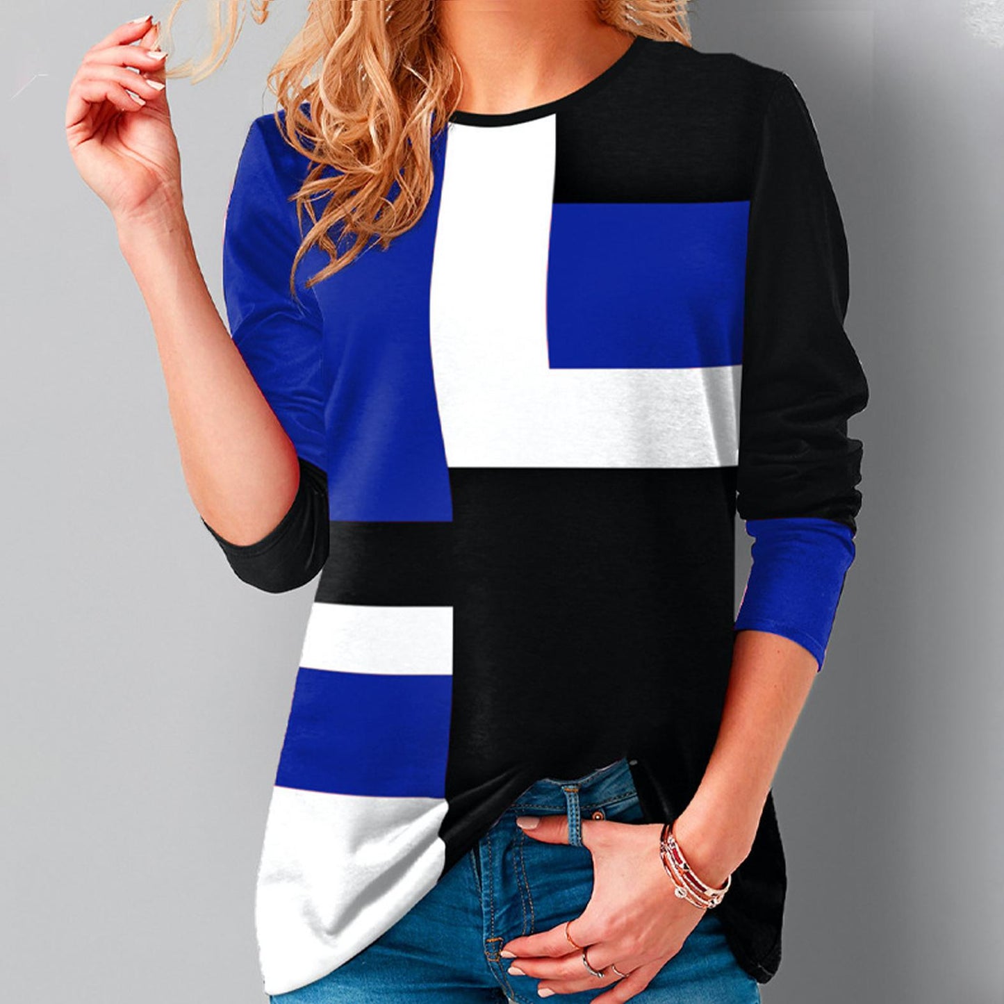 Women Loose Casual Round Neck Geometric Print Long Sleeve Plus Size Autumn Tshirt Tops Blouses 0 DailyAlertDeals Blue S