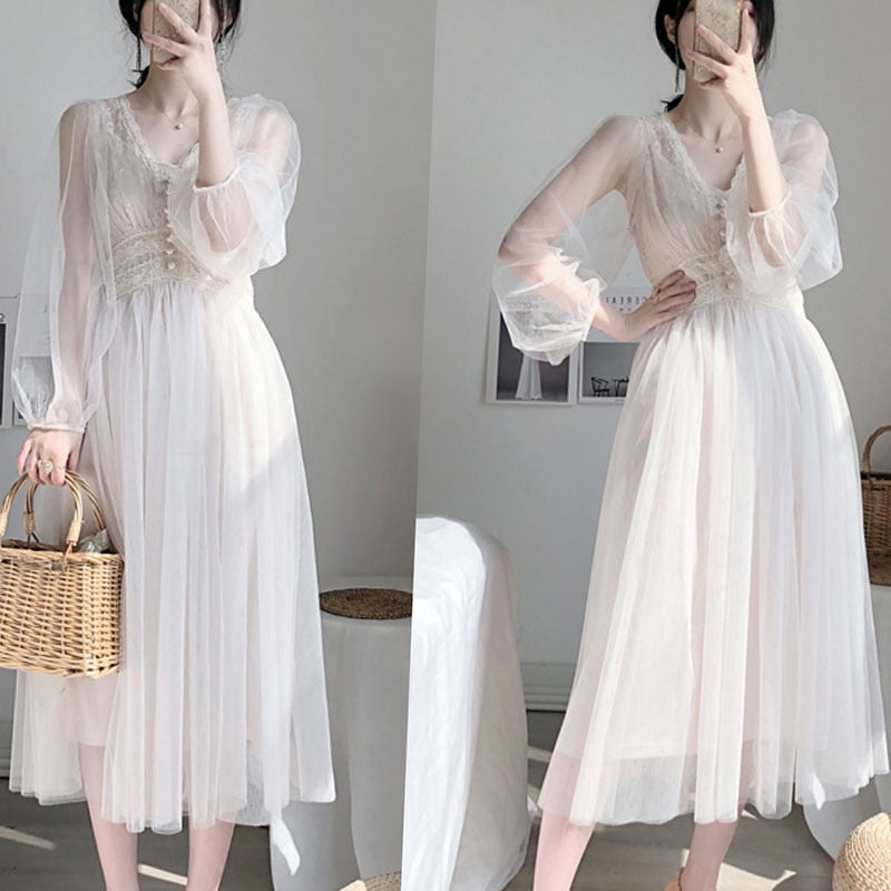 2022 Women Spring New Dress Vintage Elegant with Button A-Line Dress Solid Puff Sleeve Lace Voile Mesh Dress Women Vestidos 8126 0 DailyAlertDeals