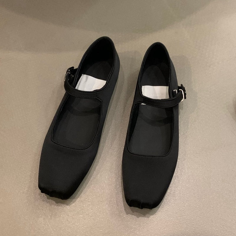 SUOJIALUN 2023 Spring New Women Flat Shoes Fashion Silk Square Toe Shallow Ladies Ballet Shoes Soft Casual Flat Mary Jane Shoes 0 DailyAlertDeals Black 35