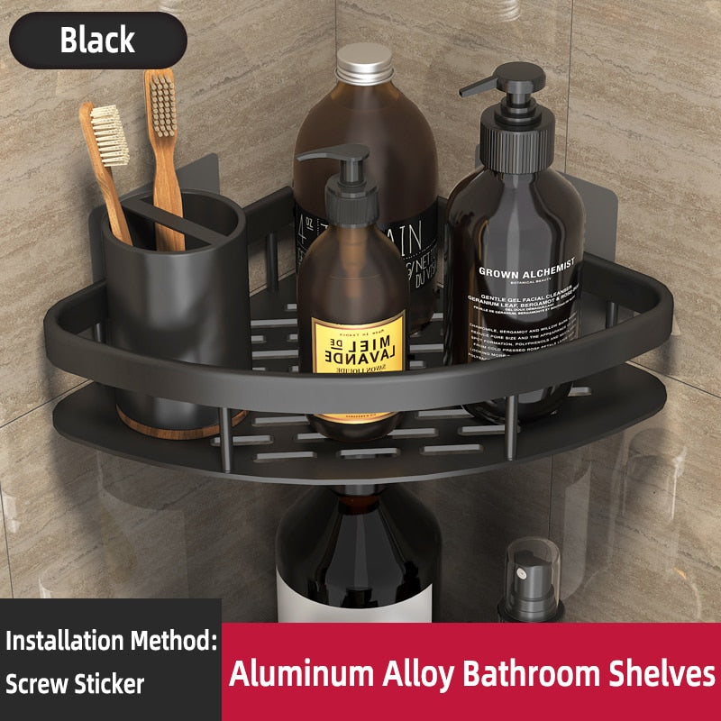 Bathroom Shelf Makeup Storage Organizer Aluminum Alloy Shampoo Rack Shower Shelf Bathroom Accessories No Drill Wall Shelf Corner Wall Shelves DailyAlertDeals Black 1Triangle China