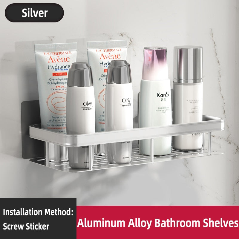 Bathroom Shelf Makeup Storage Organizer Aluminum Alloy Shampoo Rack Shower Shelf Bathroom Accessories No Drill Wall Shelf Corner Wall Shelves DailyAlertDeals Silver 1Square China