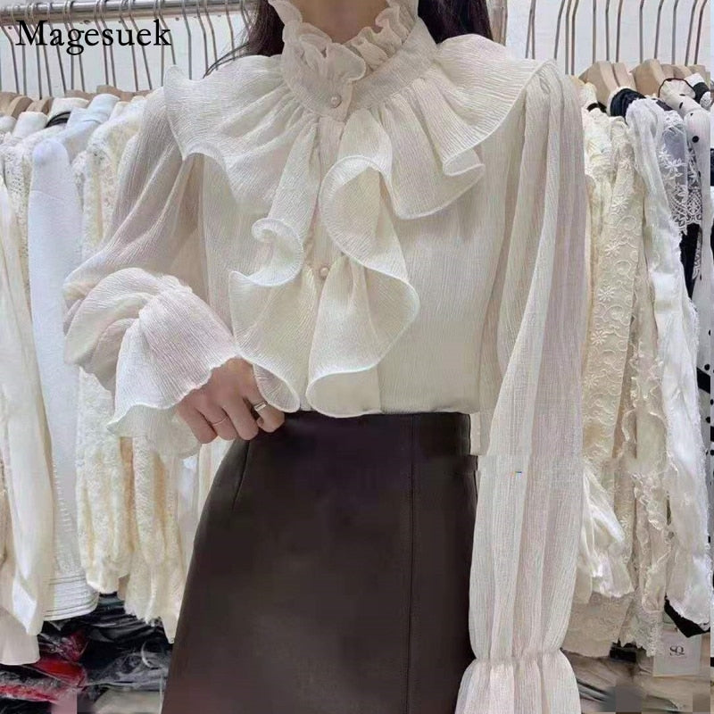 Korean Chic Ruffles Stitching Elegant Blouse Woman Stand Collar Button Chiffon Shirt Long Flare Sleeve Fashion Loose Tops 12946 0 DailyAlertDeals