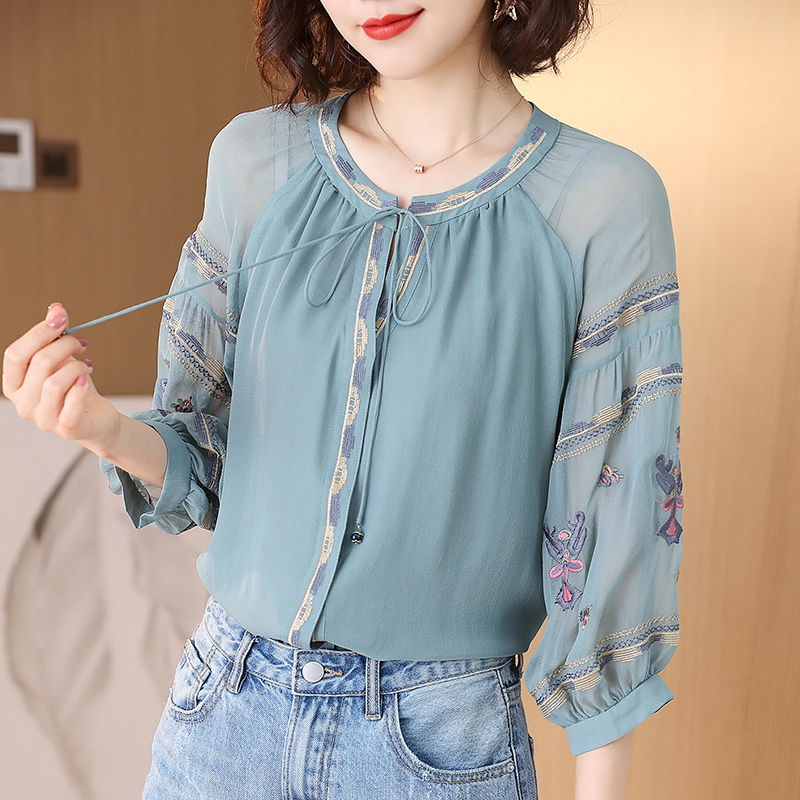 Elegant Embroidery Drawstring Oversized Lantern Sleeve Shirt Summer and Autumn Casual Tops Commute Fashion Woman Blouses 2022 0 DailyAlertDeals