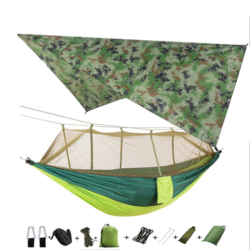 Lightweight Portable Camping Hammock and Tent Awning Rain Fly Tarp Waterproof Mosquito Net Hammock Canopy 210T Nylon Hammocks Camping Hammock and Tent DailyAlertDeals camou and lightgreen