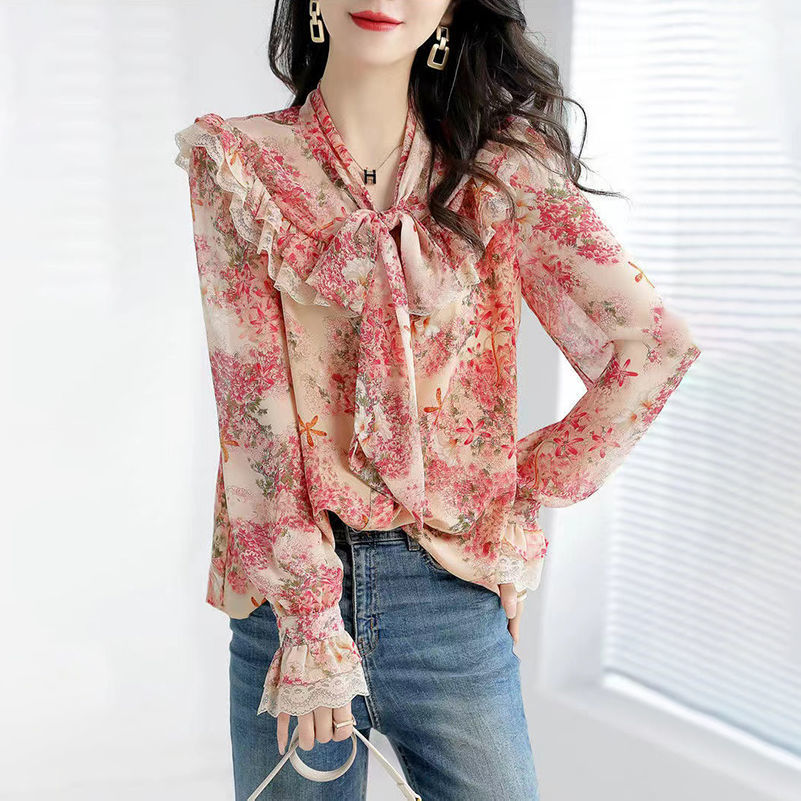 Elegant Fashion Bow Lace Chiffon Floral Blouse Woman 2022 Autumn New Office Lady Commute All-match Loose Printed Ruffles Shirts 0 DailyAlertDeals Red S