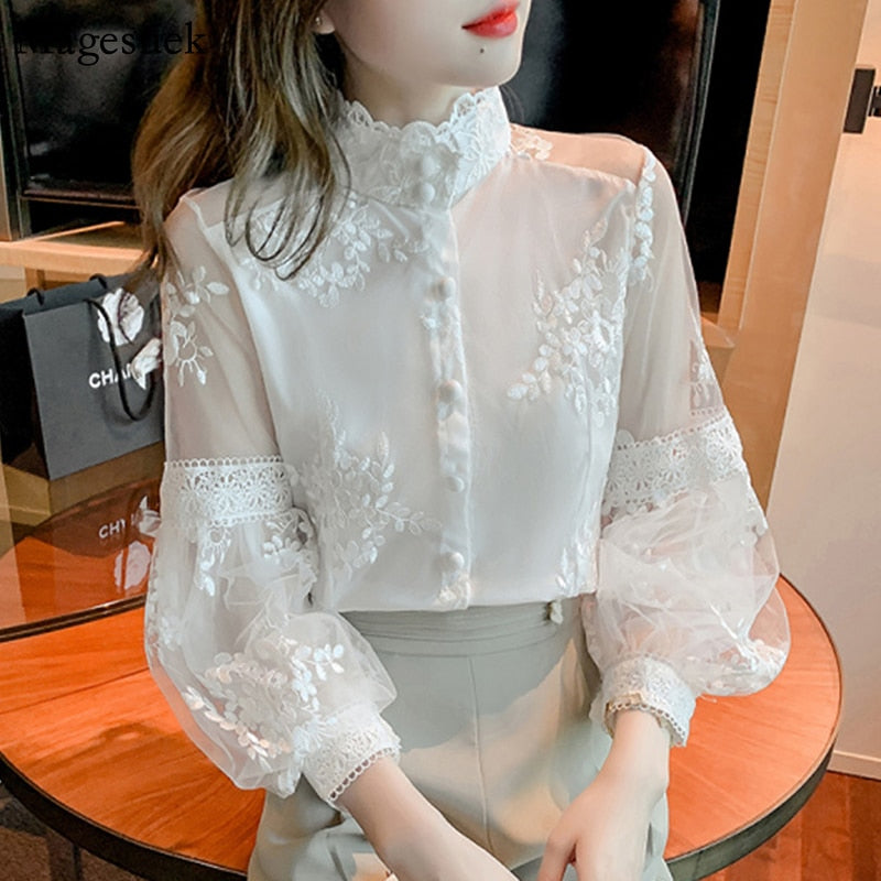 Lace Embroidered White Blouse Women Sweet Tops Stand Collar Elegant Chiffon Shirts Lantern Sleeve Vintage Blouses Women 21518 0 DailyAlertDeals
