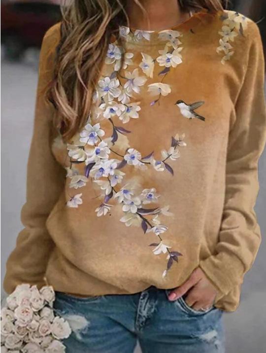 Autumn Women's Printed Long Sleeve Casual Round Neck Floral print T-shirt Loose Plus Size Top 0 DailyAlertDeals Yellow S