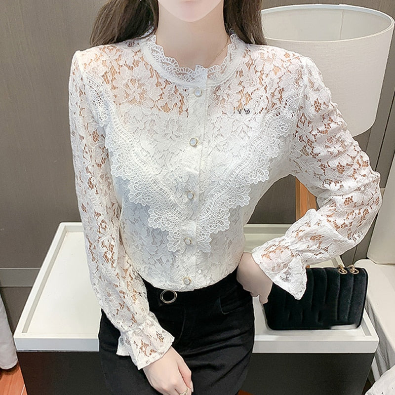 Fashion New Elegant Lace Shirt Women Long Sleeve White Blouse Women Slim Hollow Out Stand Collar Blouses Tops Woman Blusas 17246 0 DailyAlertDeals White S