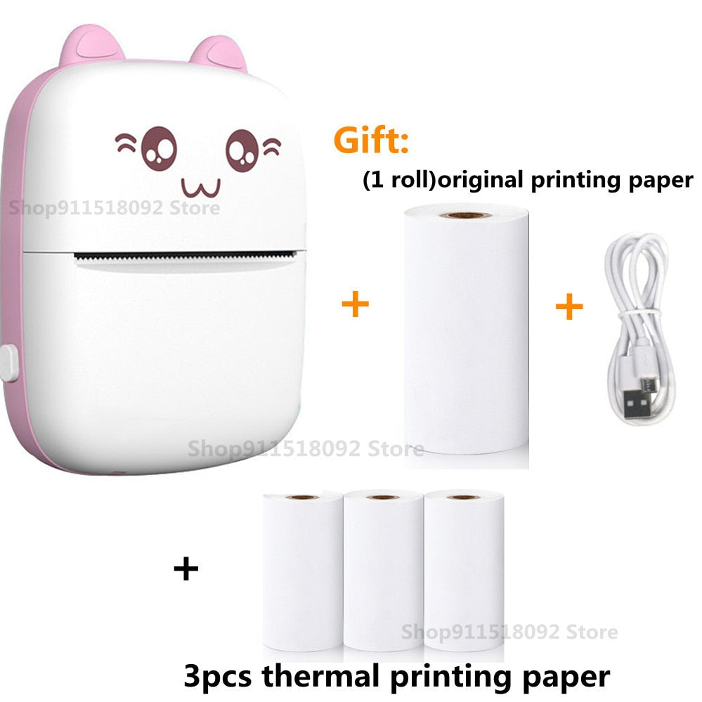 Cat Shape Mini Portable Label Printer Thermal Printing Wireless Impresoras Paper Photo Inkless Printers Sticker Android IOS 57mm Mini printer DailyAlertDeals A-Pink and 3 white China