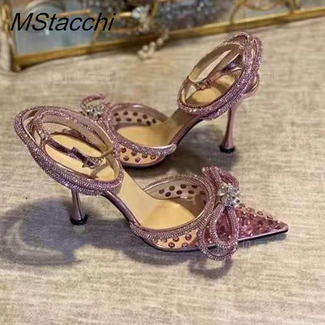 Glitter Rhinestones Women Pumps Crystal Bowknot Satin Sandals 2023 Summer Transparent Shoes High Heels Party Prom Designer Shoes DailyAlertDeals Pink 2 35