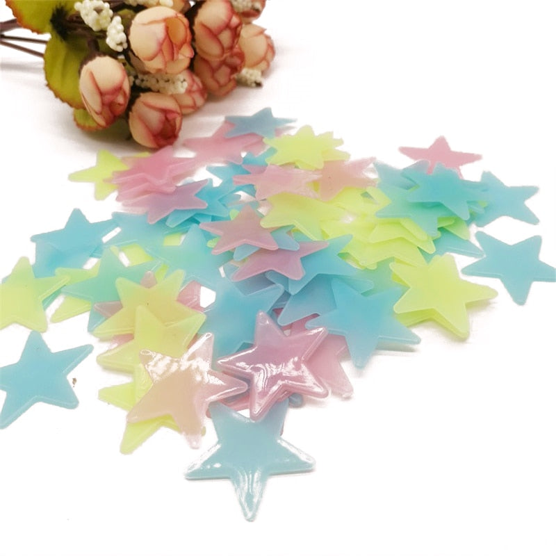 100Pcs 3D Star Wall Stickers Glow In The Dark Energy Storage Fluorescent Luminous Wall Art Decor Kids Living Room Decoration Decorative wall Stickers DailyAlertDeals Multi Color