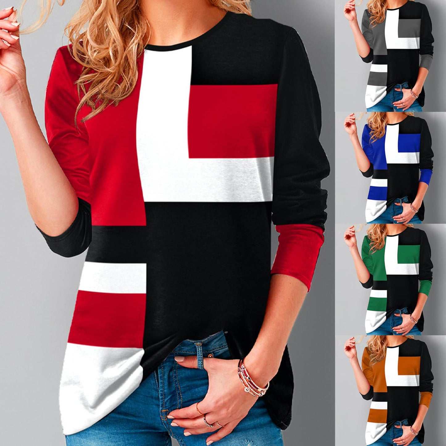 Women Loose Casual Round Neck Geometric Print Long Sleeve Plus Size Autumn Tshirt Tops Blouses 0 DailyAlertDeals