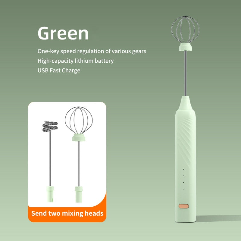 2 In 1 Exchangeable Stirring Heads Handheld Electric Milk Frother 3 Speeds Coffee Mixer Egg Beater Rechargeable Foam Maker Tools Electric Milk Frother DailyAlertDeals Green