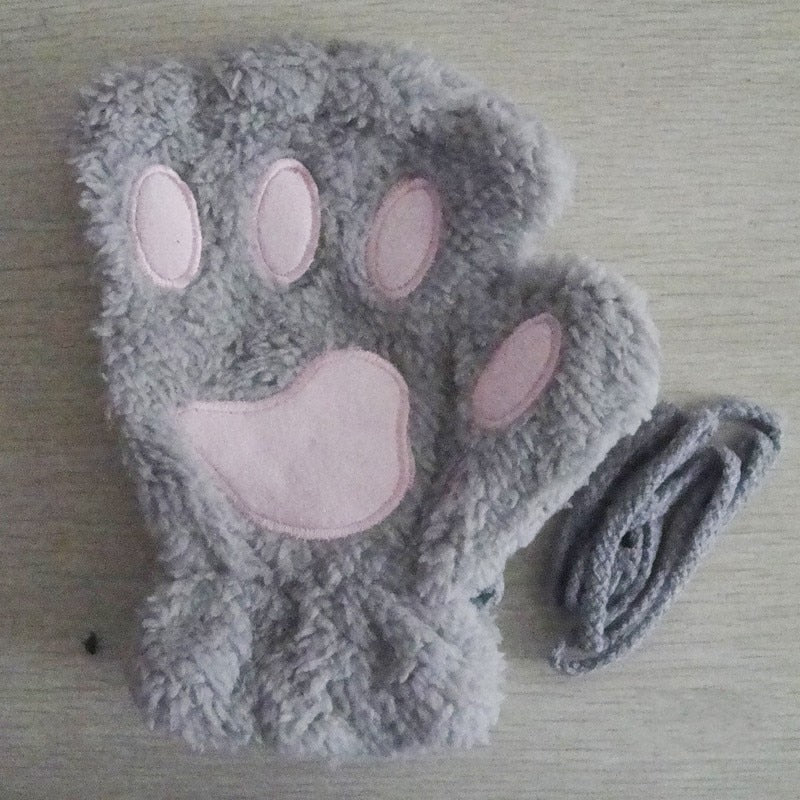 Fashion Girls Lovely Cat Claw Paw Plush Mittens Warm Soft Plush Short Fingerless women Leisure Bear Cat Gloves Half Finger Gifts Paws Gloves DailyAlertDeals grey One Size