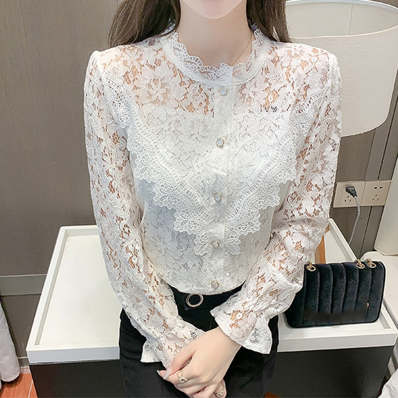 Fashion New Elegant Lace Shirt Women Long Sleeve White Blouse Women Slim Hollow Out Stand Collar Blouses Tops Woman Blusas 17246 0 DailyAlertDeals