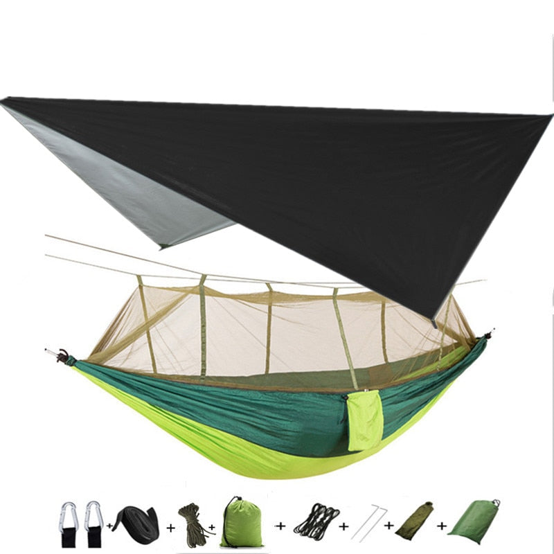 Lightweight Portable Camping Hammock and Tent Awning Rain Fly Tarp Waterproof Mosquito Net Hammock Canopy 210T Nylon Hammocks Camping Hammock and Tent DailyAlertDeals Black and Lightgreen