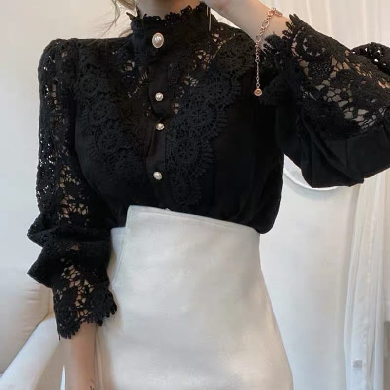 Vintage Solid White Lace Blouse Shirts Women New Korean Button Loose Shirt Tops Female Hollow Casual Ladies Blouses Blusas 12928 0 DailyAlertDeals Black S