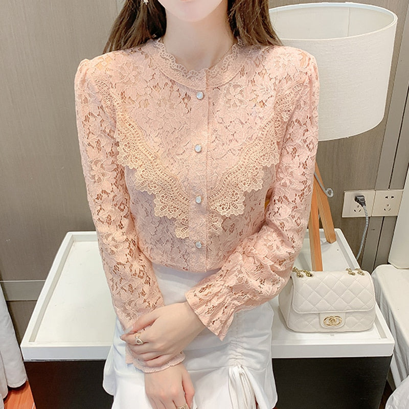 Fashion New Elegant Lace Shirt Women Long Sleeve White Blouse Women Slim Hollow Out Stand Collar Blouses Tops Woman Blusas 17246 0 DailyAlertDeals