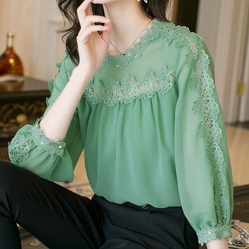 Elegant O-Neck Spliced Chiffon Hollow Out Lace Blouse Women's Clothing 2022 New Casual Pullovers Commute Lantern Sleeve Shirt 0 DailyAlertDeals