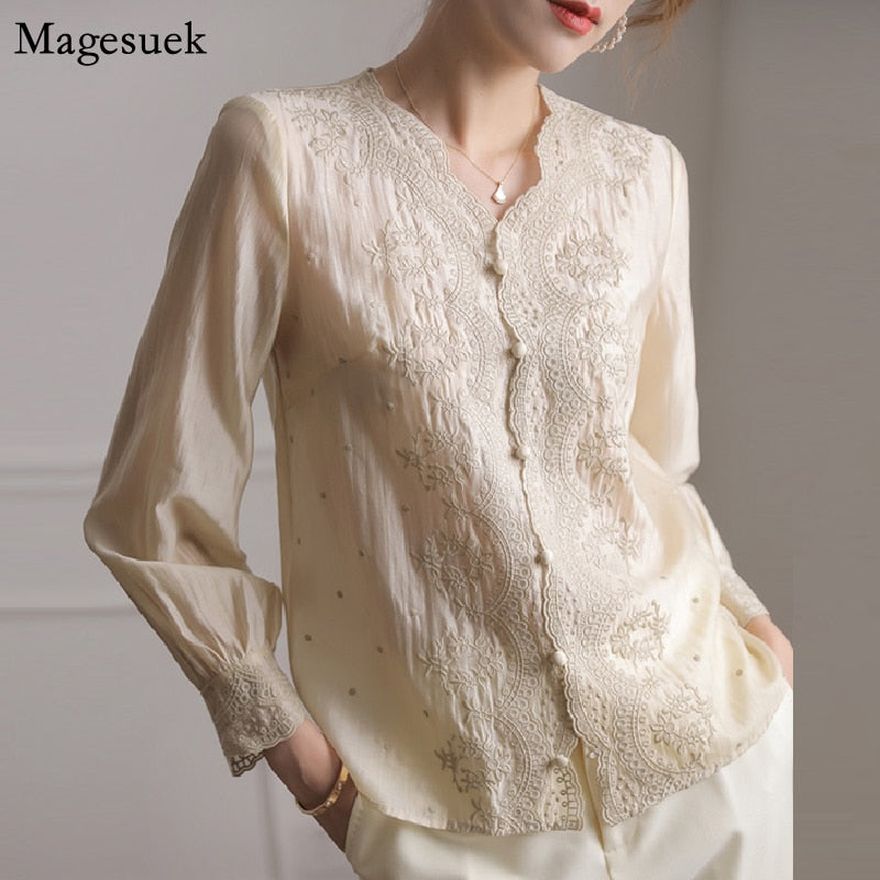 Vintage Embroidered Women Blouse Fashion New V Neck Long Sleeve Shirt Tops Women Loose Sweet Elegant Lace Blouses Female 18016 0 DailyAlertDeals