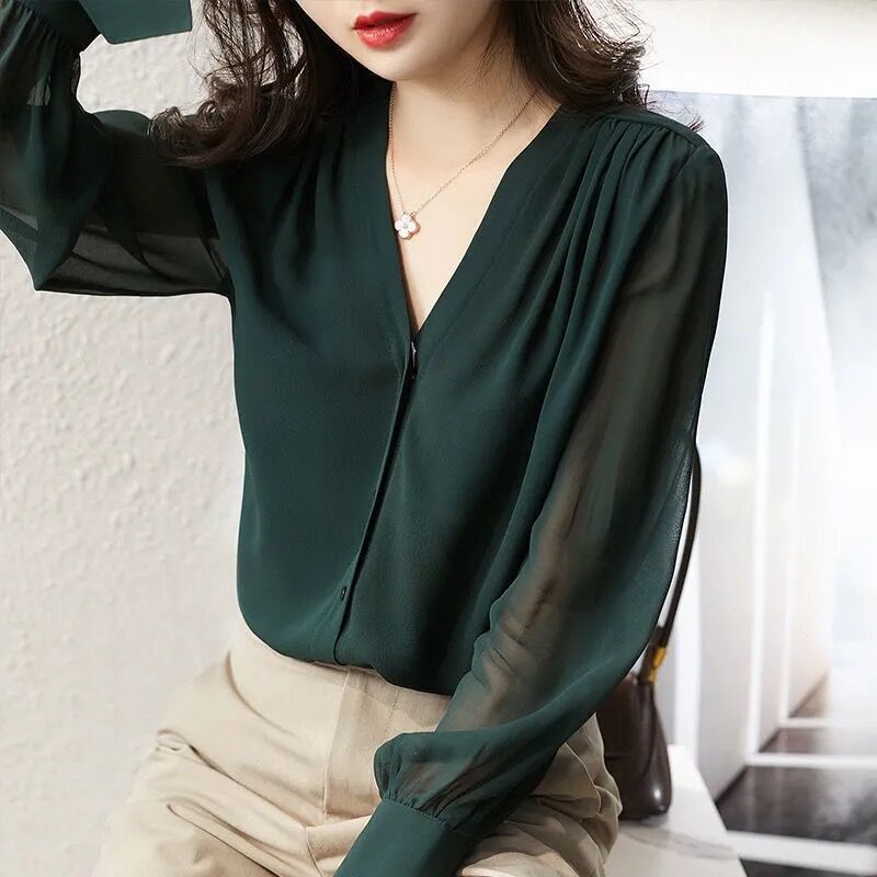 Elegant Summer Gauze Long Sleeve Solid Color Button V-neck Blouses Straight Loose Chiffon Thin Comfortable Women's Clothing 2022 0 DailyAlertDeals