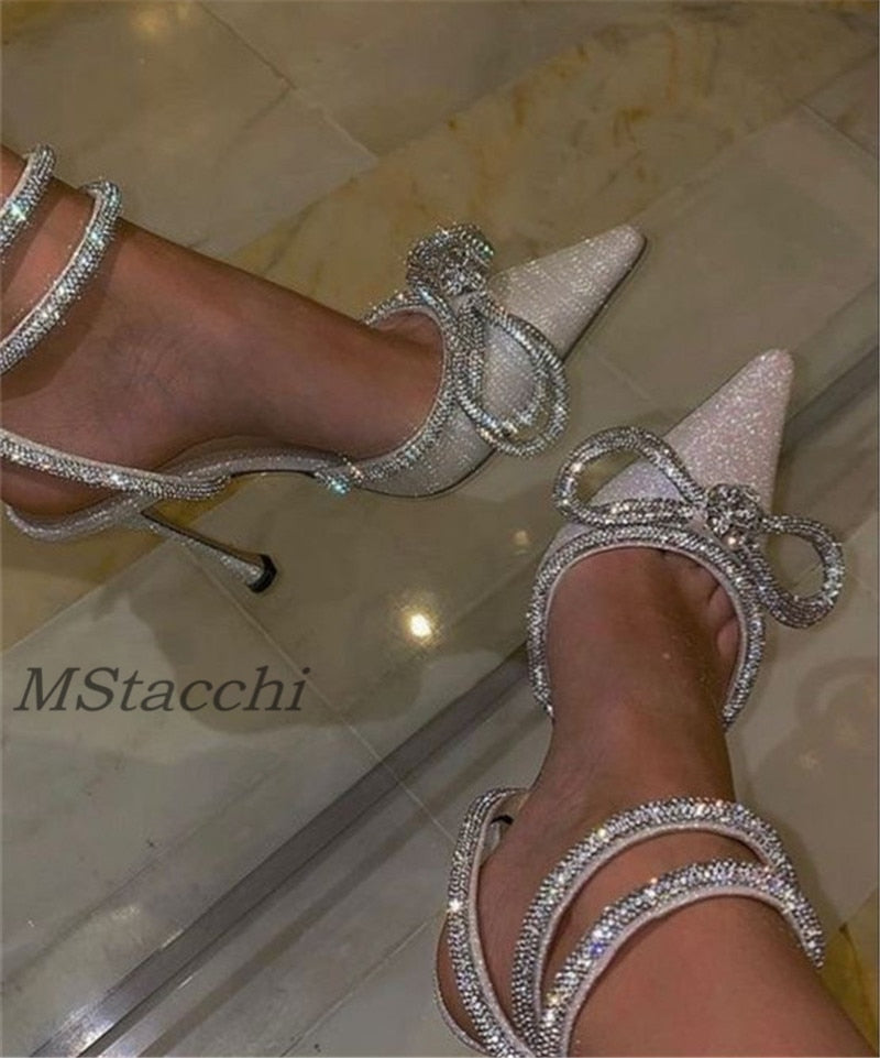 Glitter Rhinestones Women Pumps Crystal Bowknot Satin Sandals 2023 Summer Transparent Shoes High Heels Party Prom Designer Shoes DailyAlertDeals Silver sequins 35