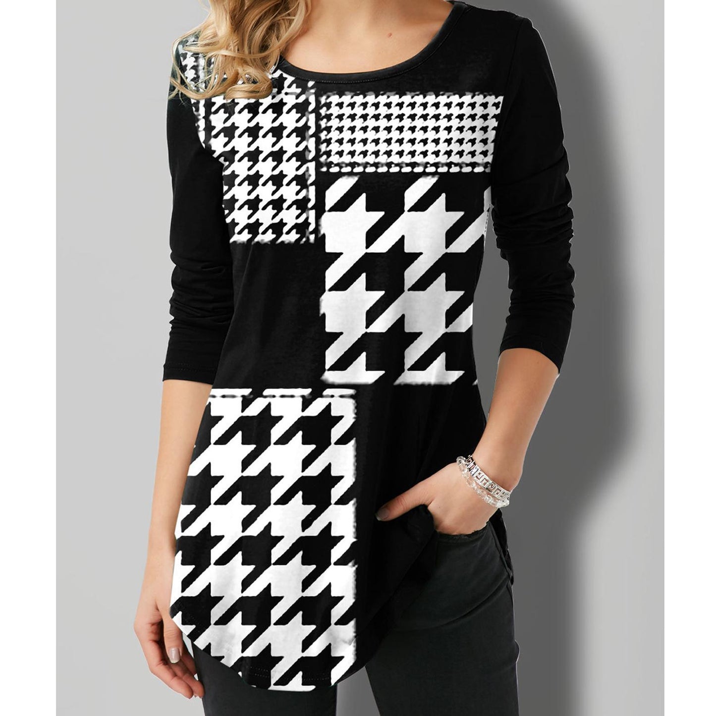 Women Loose Casual Round Neck Geometric Print Long Sleeve Plus Size Autumn Tshirt Tops Blouses 0 DailyAlertDeals Black S