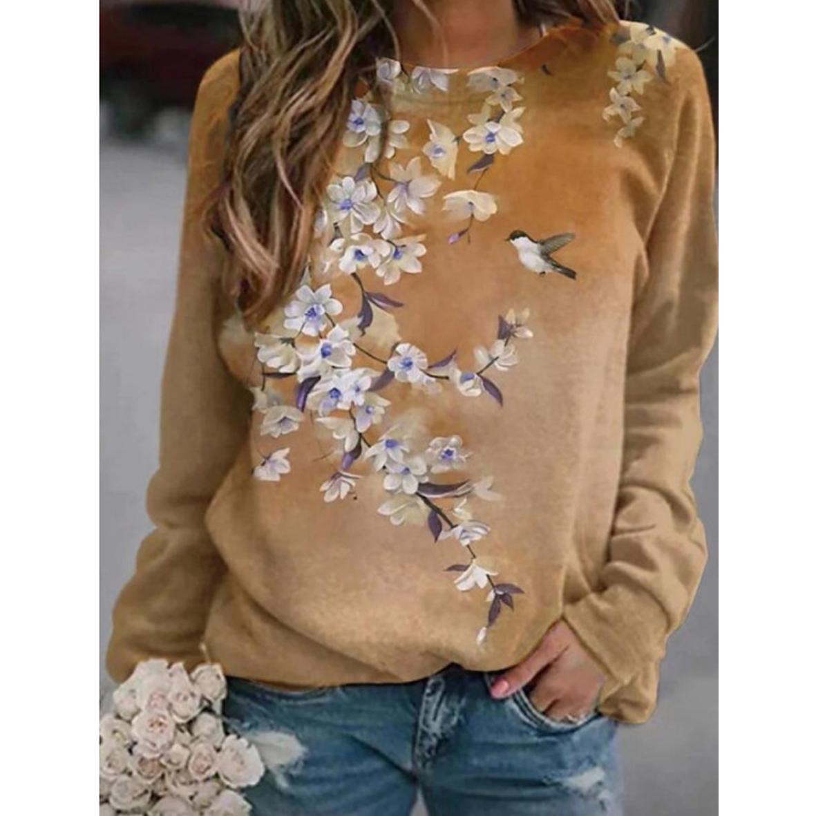 Autumn Women's Printed Long Sleeve Casual Round Neck Floral print T-shirt Loose Plus Size Top 0 DailyAlertDeals