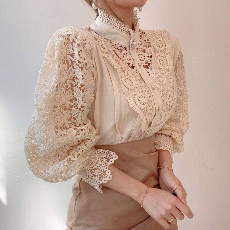 Vintage Solid White Lace Blouse Shirts Women New Korean Button Loose Shirt Tops Female Hollow Casual Ladies Blouses Blusas 12928 0 DailyAlertDeals
