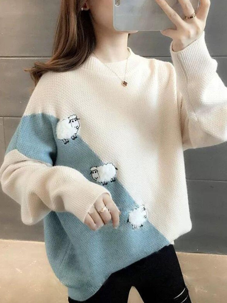 Cute Sheep Pattern Loose Pullover Sweater Women 2022 Fall Winter Korean School Contrast Color Knit Jumper Female Knitwear 0 DailyAlertDeals
