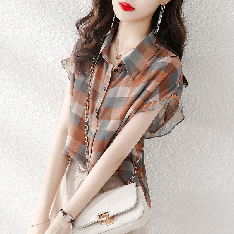 Fashion Plaid Printed Lapel Button Short Sleeve Chiffon Blouse Summer Plus Size Commute Tops Loose Casual Women Clothing Shirt 0 DailyAlertDeals Plaid XS