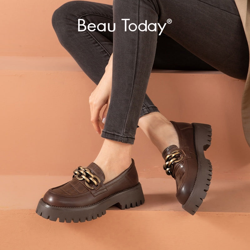 BeauToday Chunky Loafers Women Genuine Cow Leather Platform Shoes Round Toe Metal Chain Slip on Ladies Flats Handmade 27748 0 DailyAlertDeals