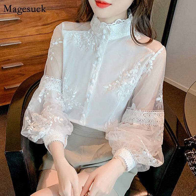 Lace Embroidered White Blouse Women Sweet Tops Stand Collar Elegant Chiffon Shirts Lantern Sleeve Vintage Blouses Women 21518 0 DailyAlertDeals White S