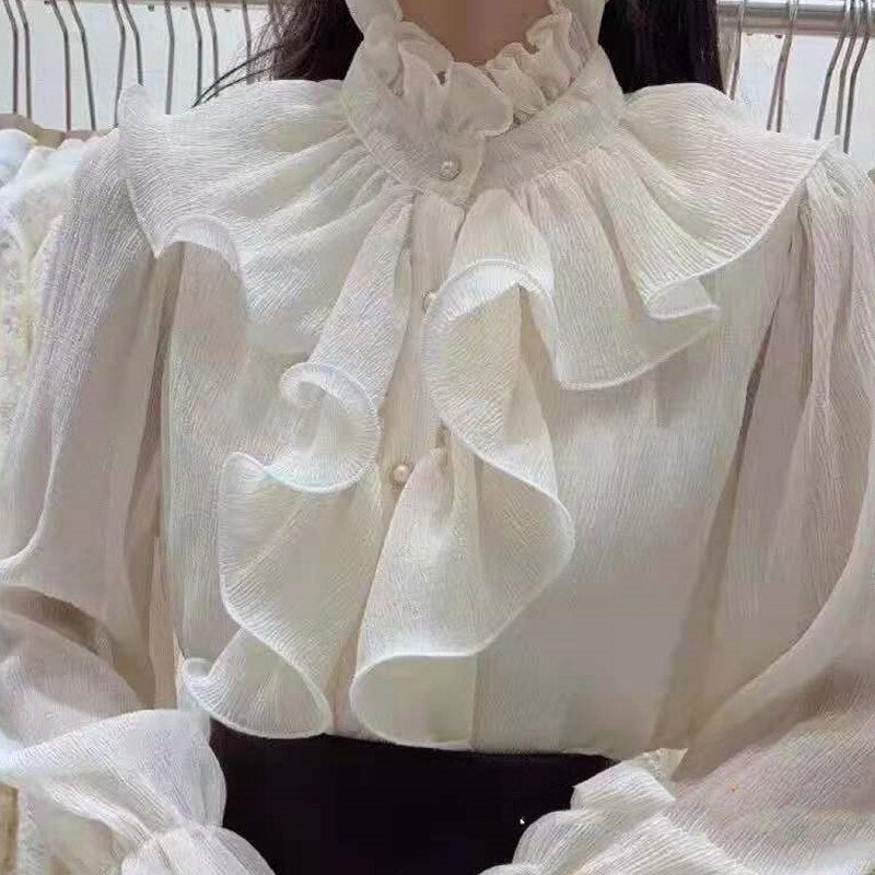 Korean Chic Ruffles Stitching Elegant Blouse Woman Stand Collar Button Chiffon Shirt Long Flare Sleeve Fashion Loose Tops 12946 0 DailyAlertDeals