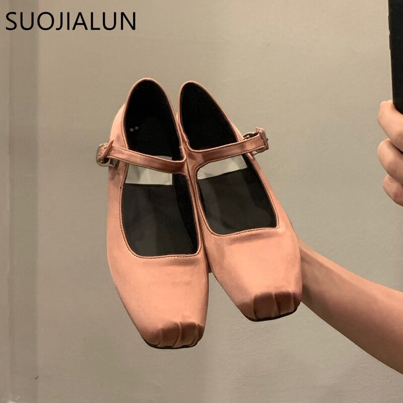 SUOJIALUN 2023 Spring New Women Flat Shoes Fashion Silk Square Toe Shallow Ladies Ballet Shoes Soft Casual Flat Mary Jane Shoes 0 DailyAlertDeals