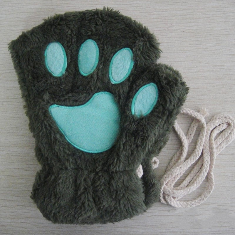 Fashion Girls Lovely Cat Claw Paw Plush Mittens Warm Soft Plush Short Fingerless women Leisure Bear Cat Gloves Half Finger Gifts Paws Gloves DailyAlertDeals green One Size
