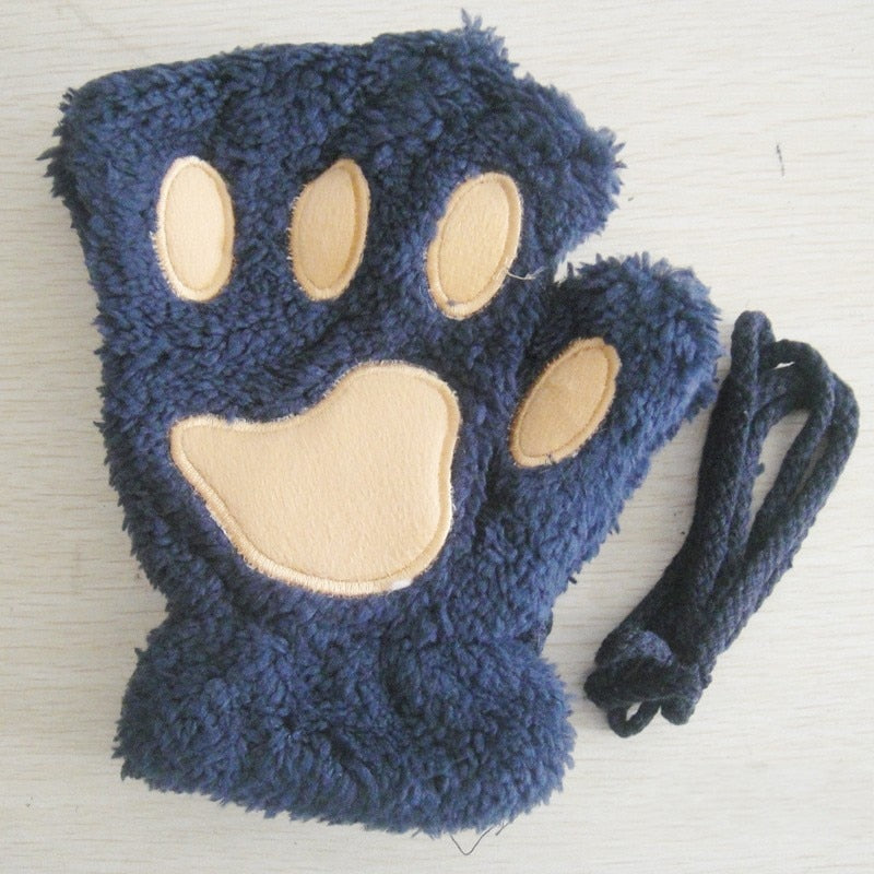 Fashion Girls Lovely Cat Claw Paw Plush Mittens Warm Soft Plush Short Fingerless women Leisure Bear Cat Gloves Half Finger Gifts Paws Gloves DailyAlertDeals navy One Size