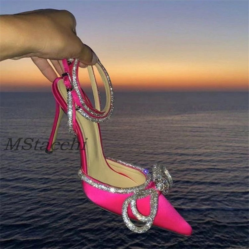 Glitter Rhinestones Women Pumps Crystal Bowknot Satin Sandals 2023 Summer Transparent Shoes High Heels Party Prom Designer Shoes DailyAlertDeals Rose 35